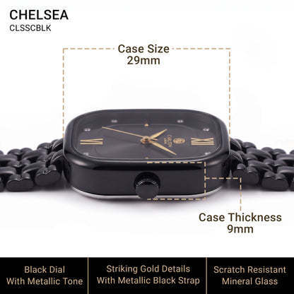 Carlton London Chelsea Women’s Watch Black Square Dial, Black Stainless Steel Strap – CLSSCBLK