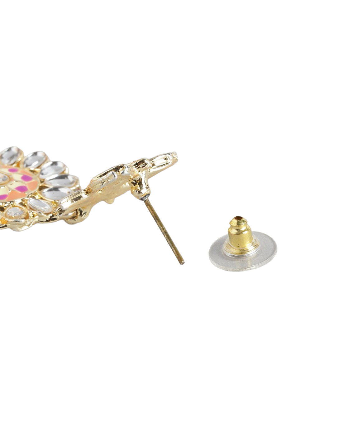 Gold Plated Kundan Medallion Jhumka Earrings with Peach Meenakari Dome &amp; Pearl Drops