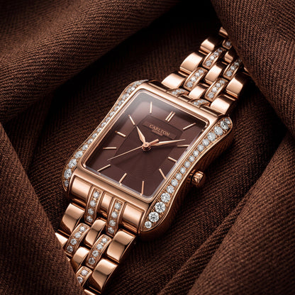 Carlton London Vivienne Women’s Watch - Brown Rectangle Dial, Rose Gold Stainless Steel Strap - CLVVRBRN