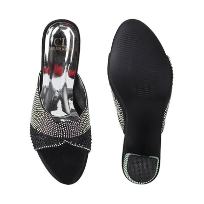 Women Lridescent Gem Embellished Block Heel Sandals