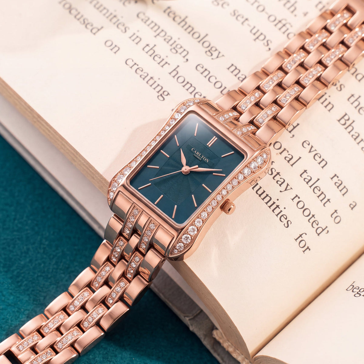 Carlton London Vivienne Women’s Watch - Teal Rectangle Dial, Rose Gold Stainless Steel Strap - CLVVRTEL