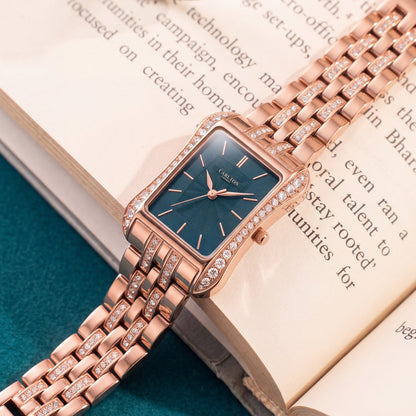 Carlton London Vivienne Women’s Watch - Teal Rectangle Dial, Rose Gold Stainless Steel Strap - CLVVRTEL