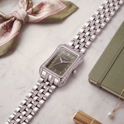 Carlton London Vivienne Women’s Watch - Olive Green Rectangle Dial, Silver Stainless Steel Strap - CLVVSGRN