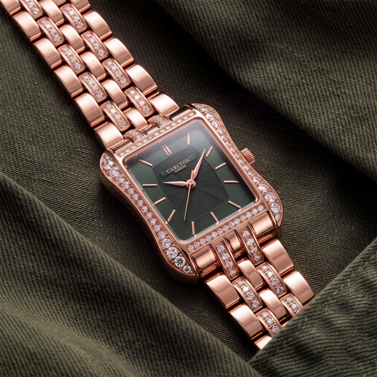 Carlton London Vivienne Women’s Watch - Green Rectangle Dial, Rose Gold Stainless Steel Strap - CLVVRGRN