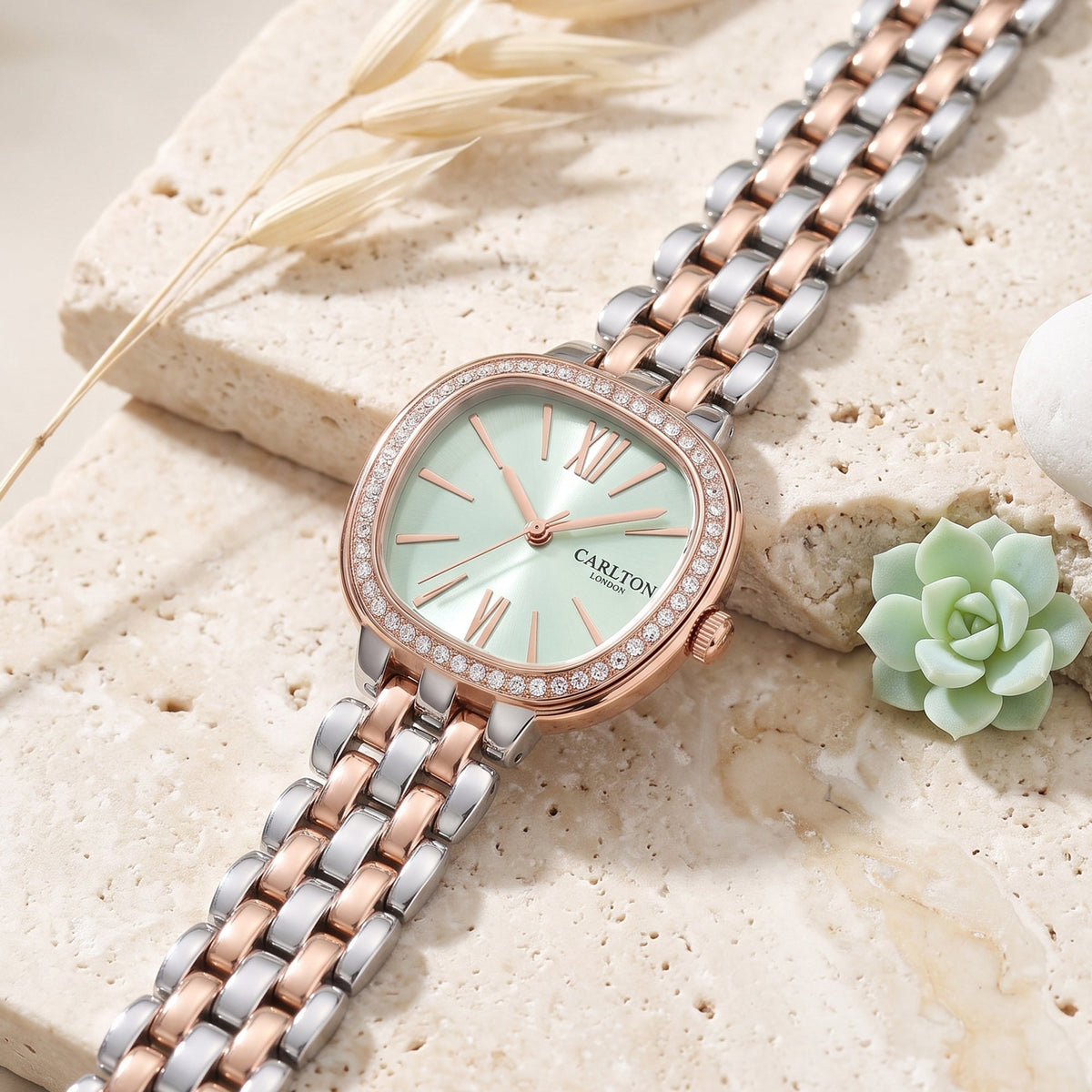 Carlton London Maisie Women’s Watch - Mint Green Rectangle Dial, Dual Tone Stainless Steel Strap - MSDTMNT