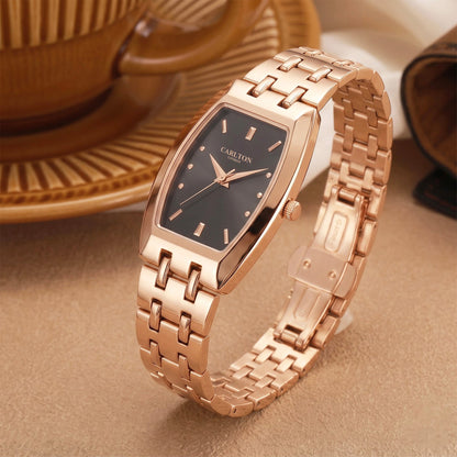 Carlton London Catherine Women’s Watch - Black Rectangle Dial, Rose Gold Stainless Steel Strap - CL-CT-RBLK