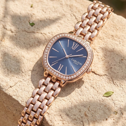 Carlton London Maisie Women’s Watch - Dark Blue Rectangle Dial, Rose Gold Stainless Steel Strap - MSRGBLU