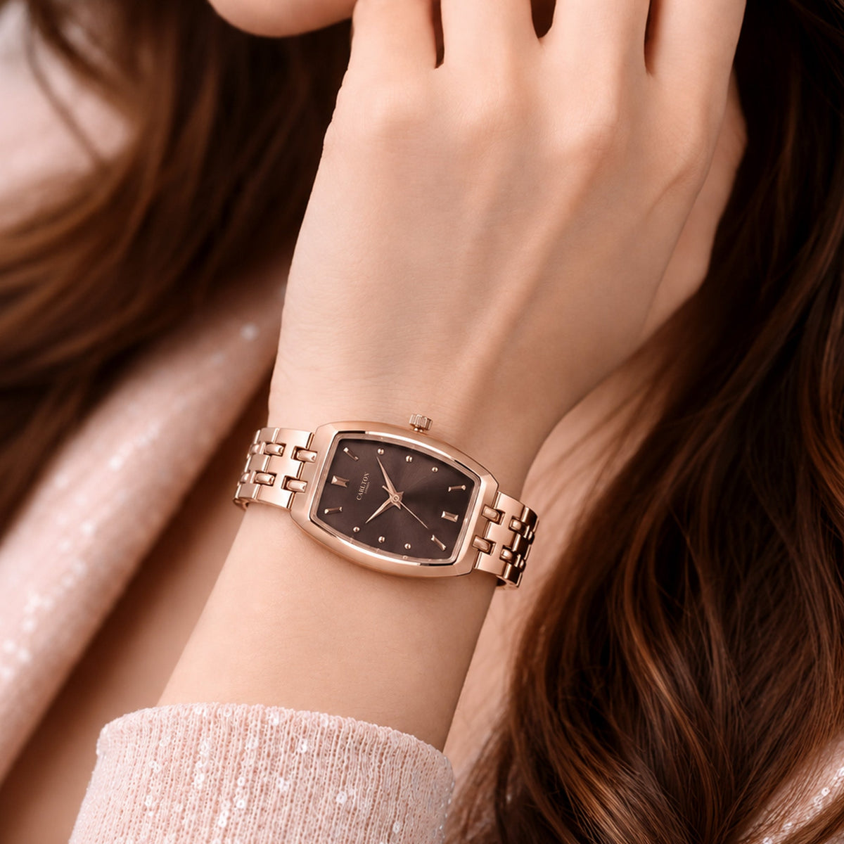 Carlton London Catherine Women’s Watch - Brown Rectangle Dial, Rose Gold Stainless Steel Strap - CL-CT-RBRN
