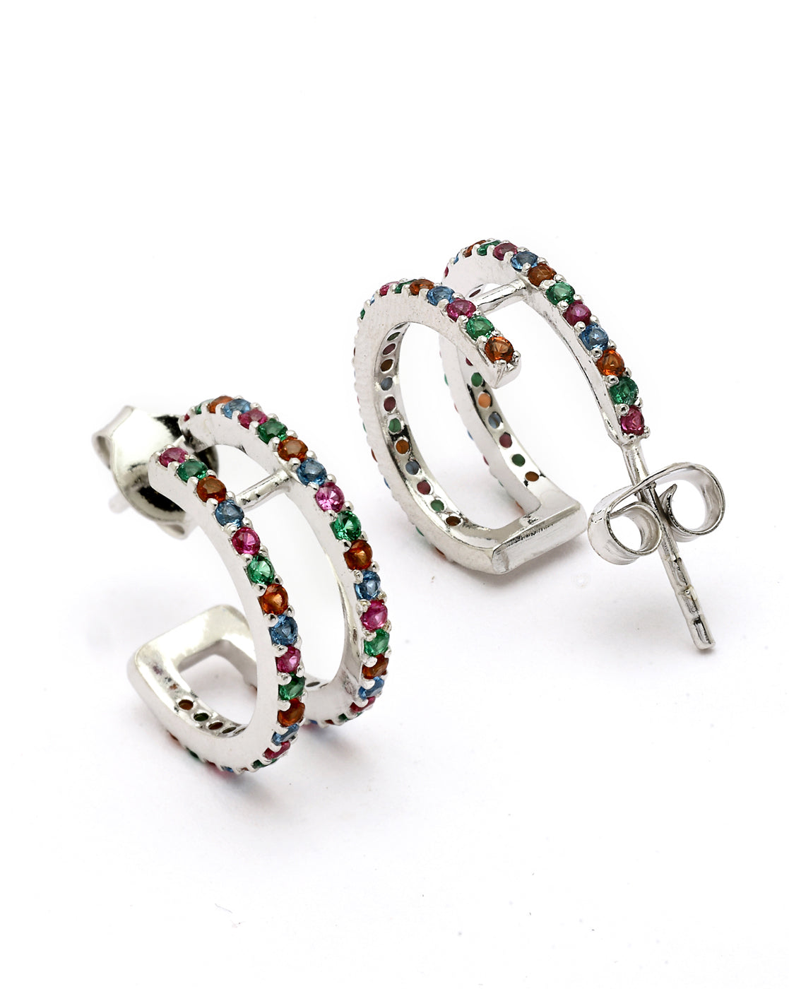 Rhodium Plated Multi Colour CZ Half Hoop Earring