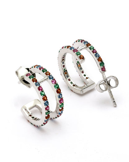 Rhodium Plated Multi Colour CZ Half Hoop Earring