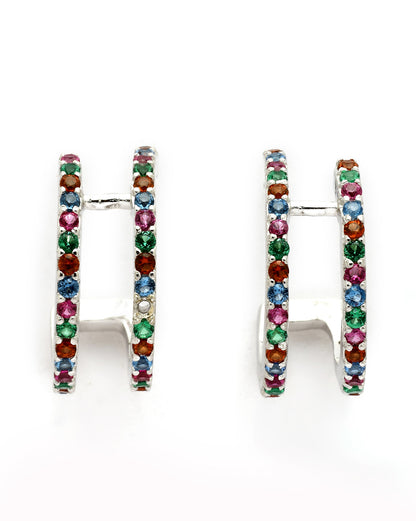 Rhodium Plated Multi Colour CZ Half Hoop Earring