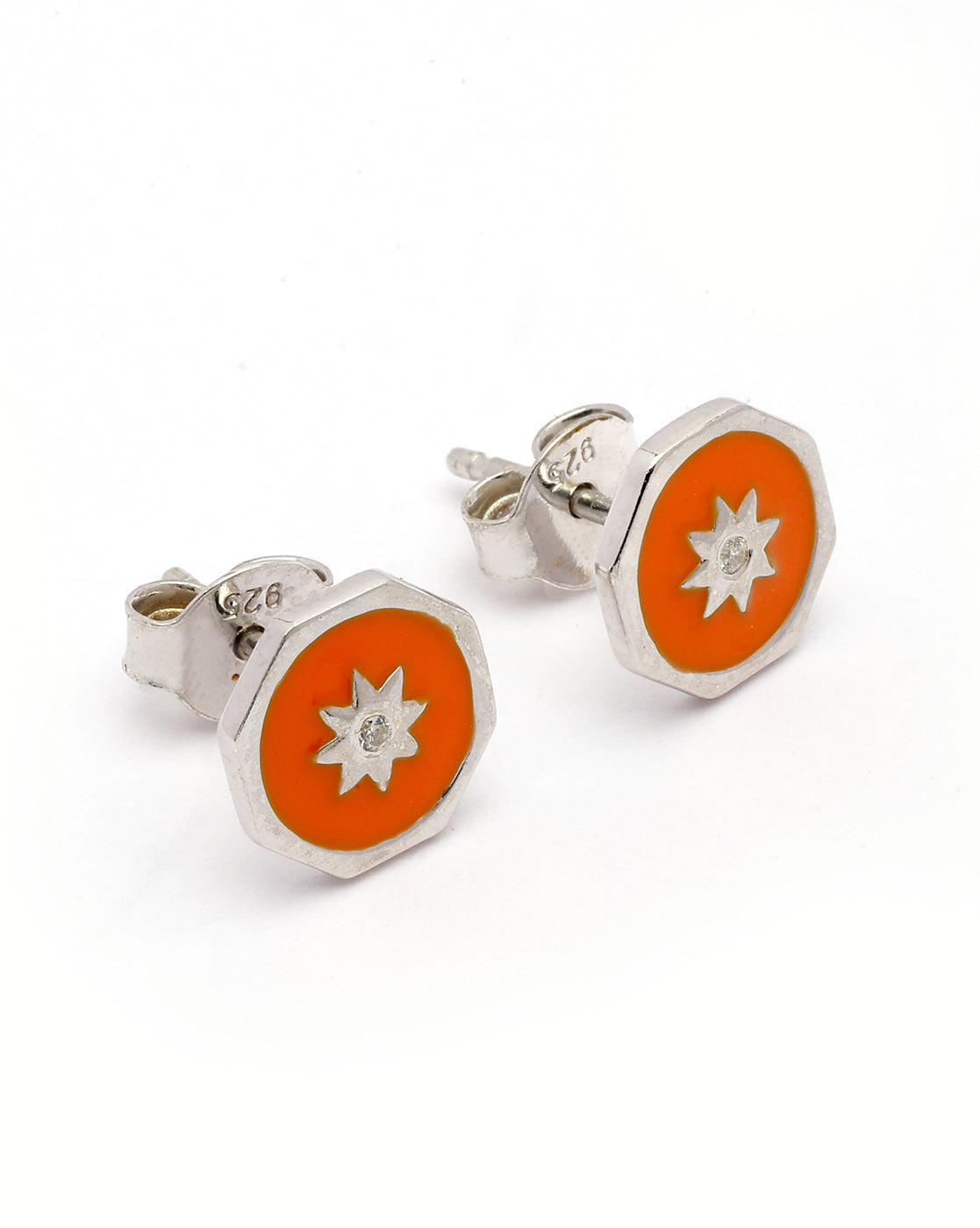 925 Sterling Silver Rhodium Plated Enamel Hexagon Stud Earring