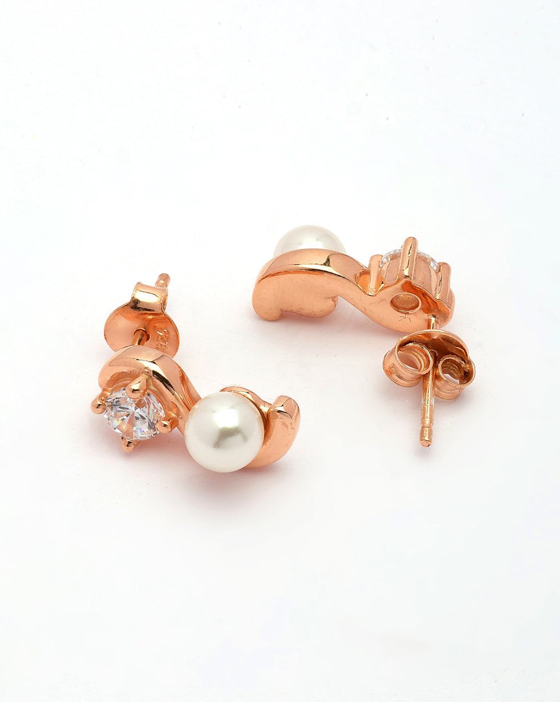 925 Sterling Silver 18kt Rose Gold Plated CZ &amp; Pearl Swirl Stud Earring