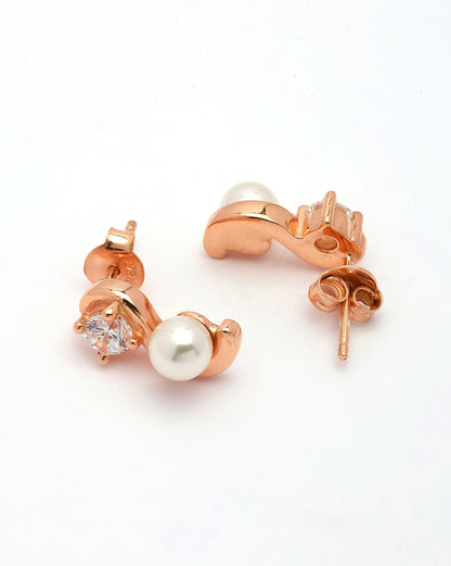 925 Sterling Silver 18kt Rose Gold Plated CZ &amp; Pearl Swirl Stud Earring