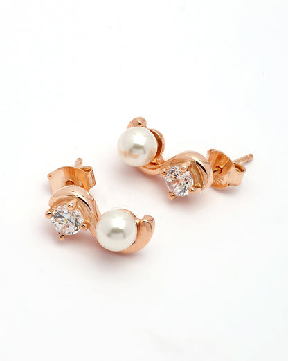 925 Sterling Silver 18kt Rose Gold Plated CZ &amp; Pearl Swirl Stud Earring