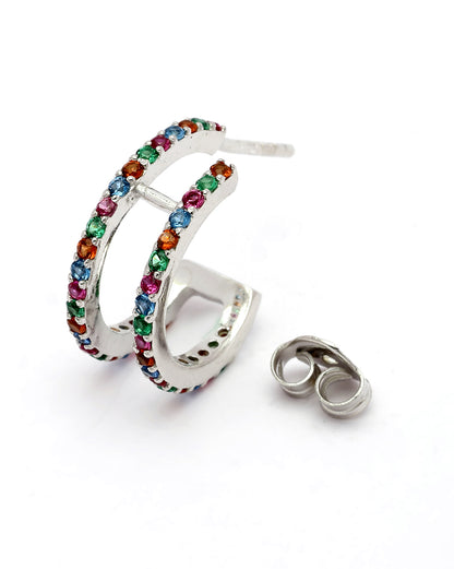 Rhodium Plated Multi Colour CZ Half Hoop Earring