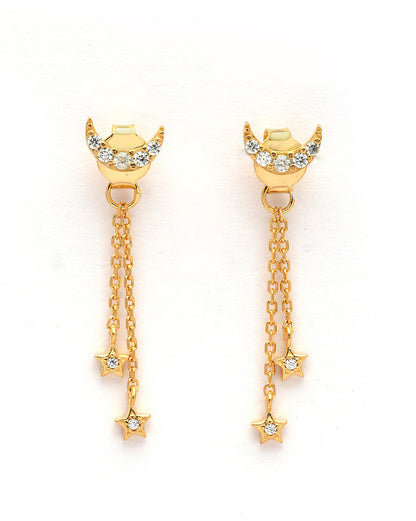 18kt Gold Plated CZ Dangling Star and Crescent Drop Earring