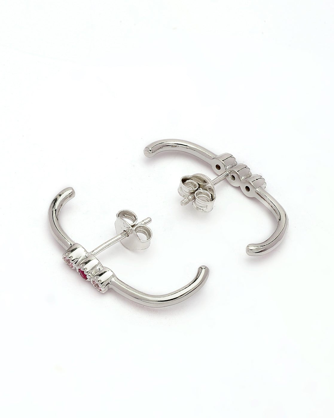 925 Sterling Silver Rhodium Plated Red &amp; Pink CZ Earlobe Earring