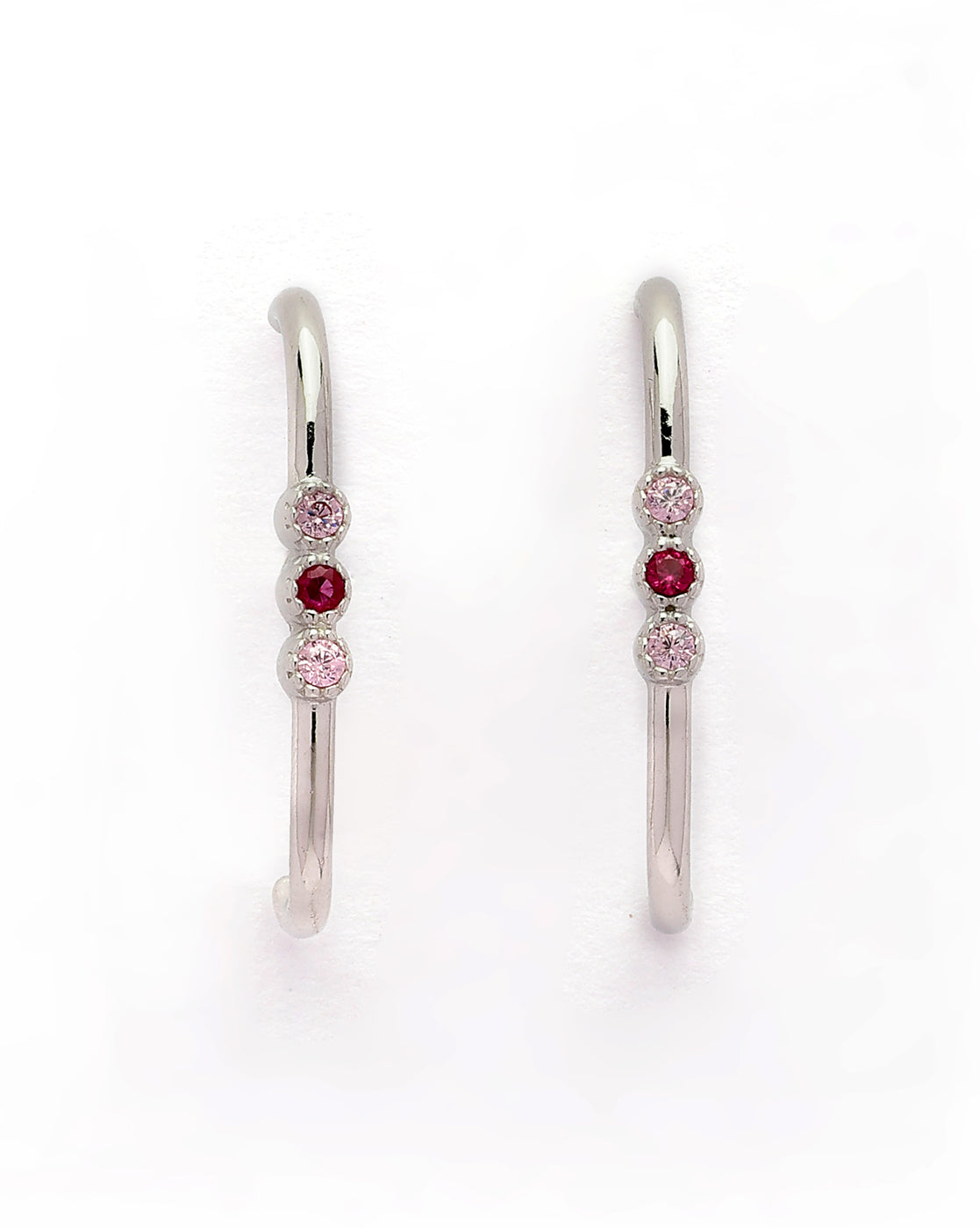 925 Sterling Silver Rhodium Plated Red &amp; Pink CZ Earlobe Earring