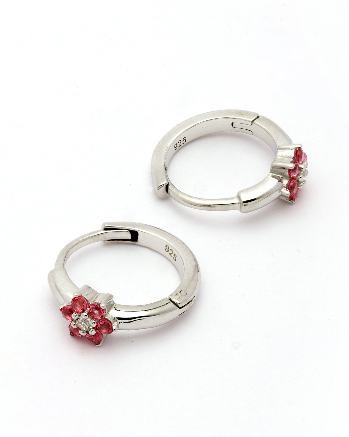 925 Sterling Silver Rhodium Plated Pink CZ Hoop Earring