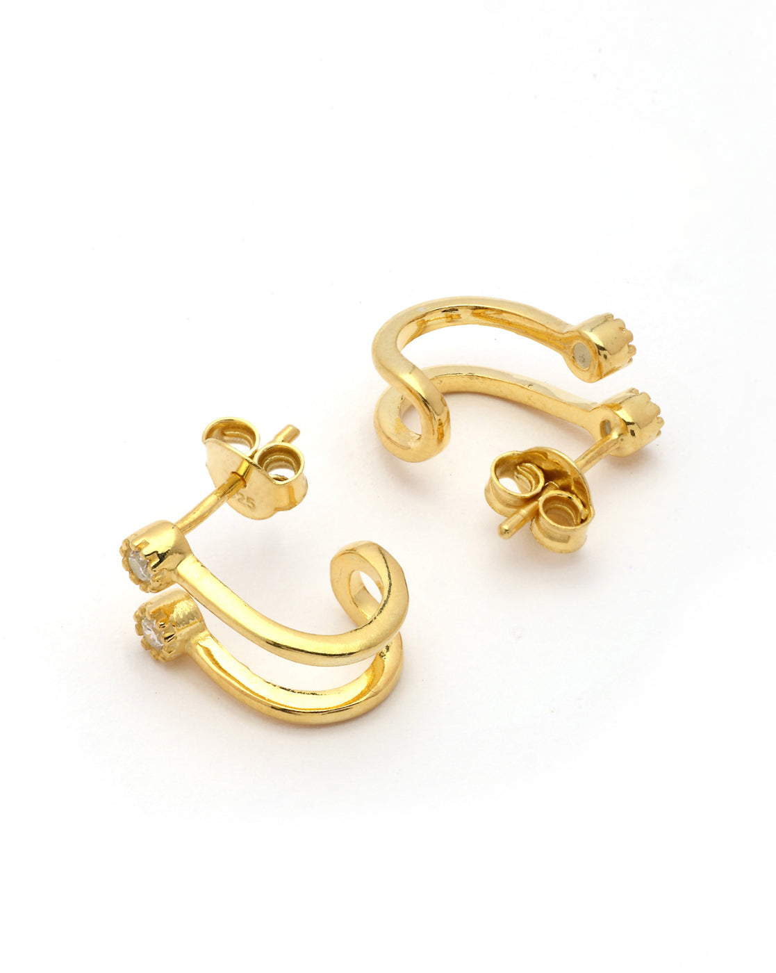 925 Sterling Silver 18kt Gold Plated CZ Accent Wave Half Hoop Earring