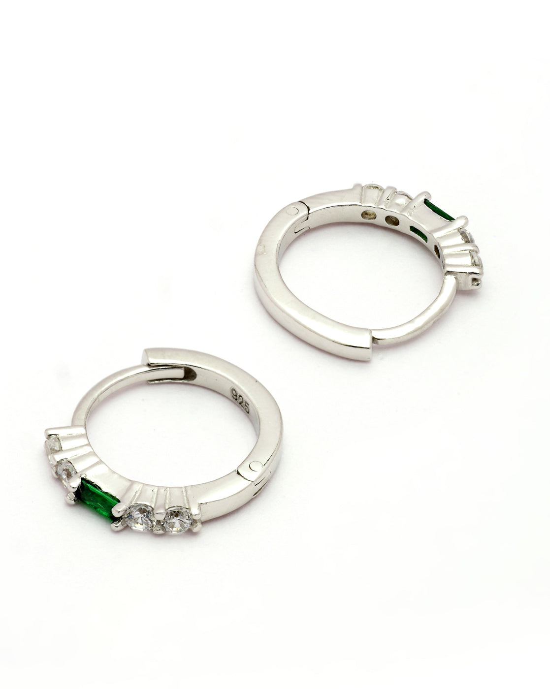 925 Sterling Silver Rhodium Plated Green CZ Hoop Earring