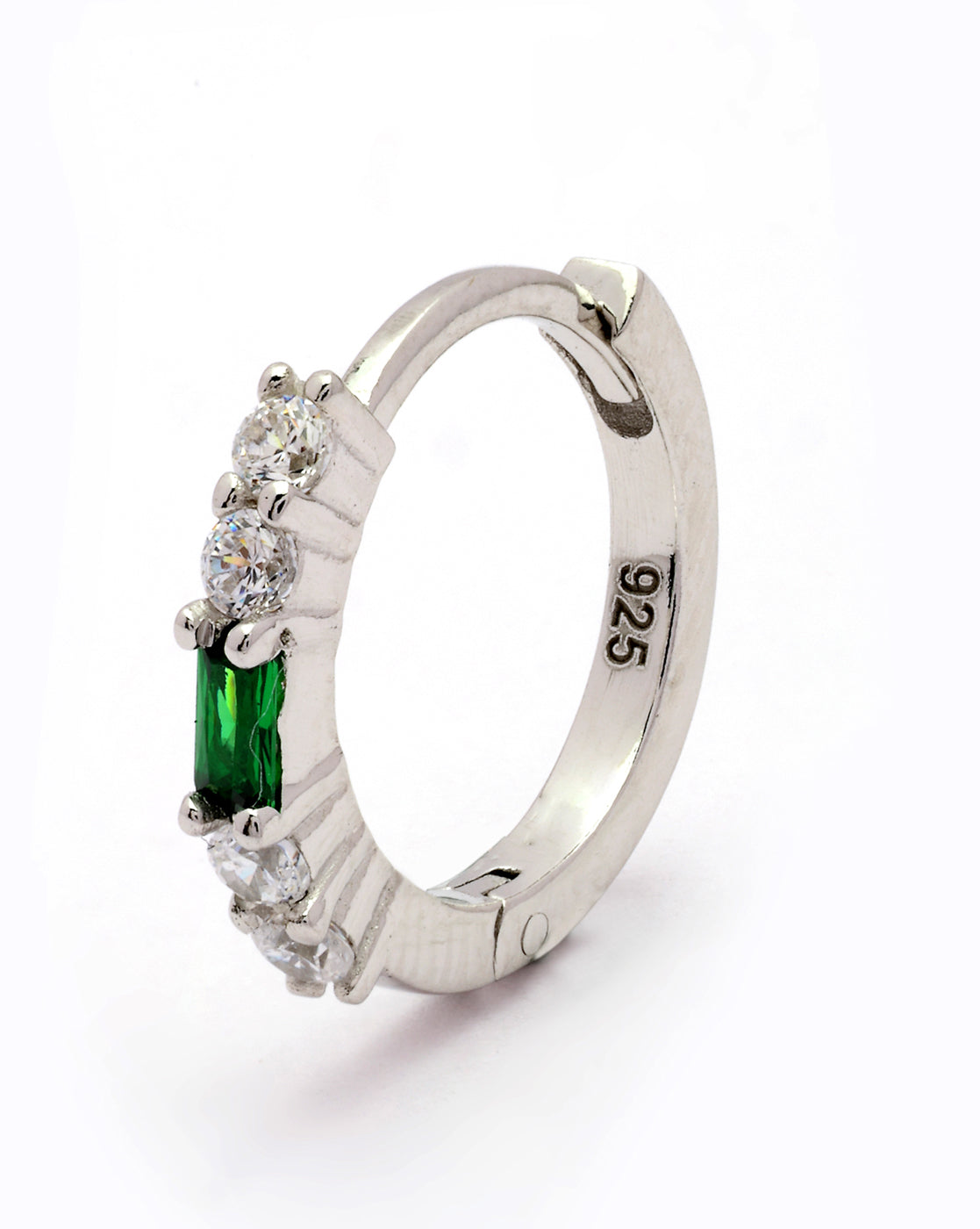 925 Sterling Silver Rhodium Plated Green CZ Hoop Earring