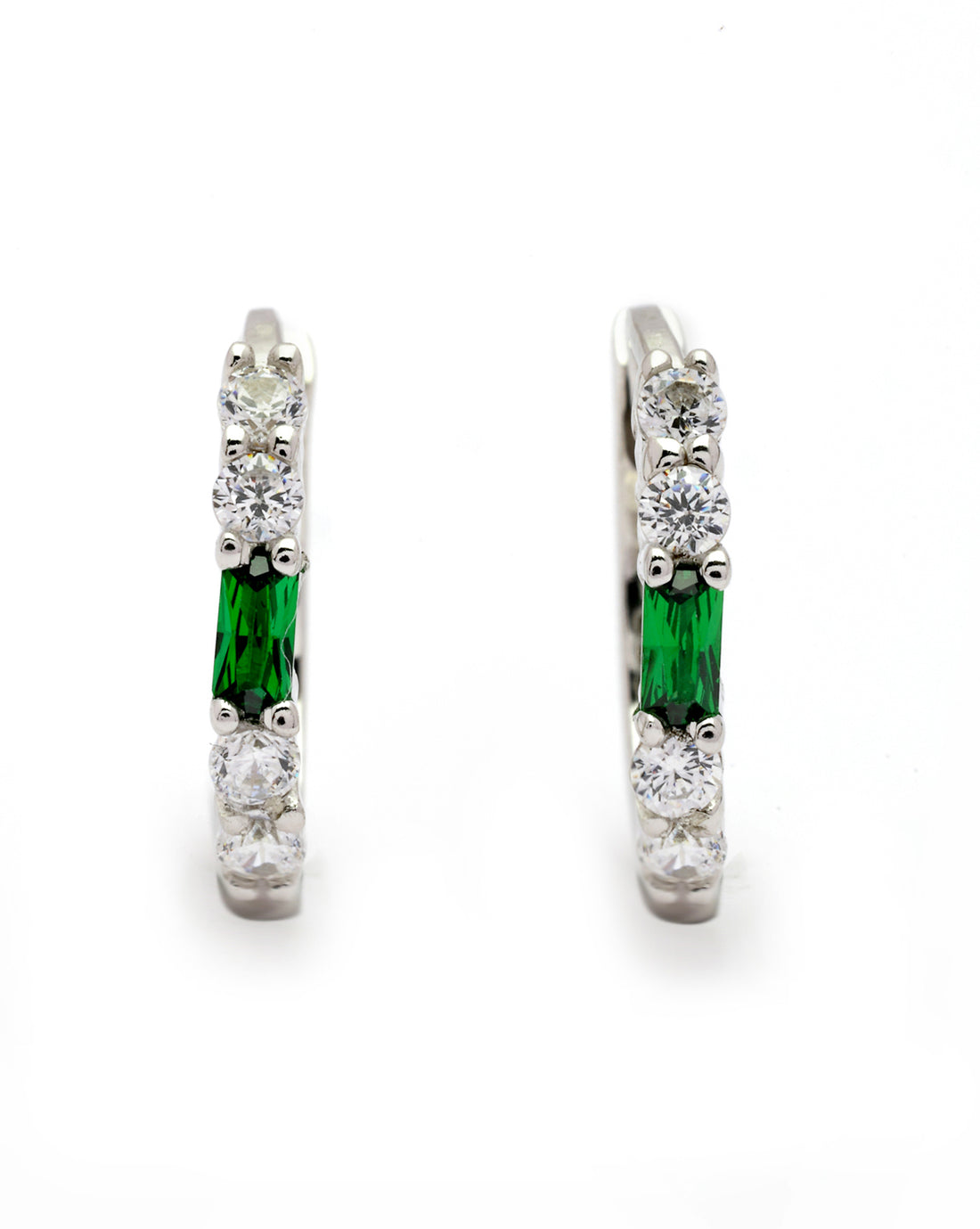 925 Sterling Silver Rhodium Plated Green CZ Hoop Earring