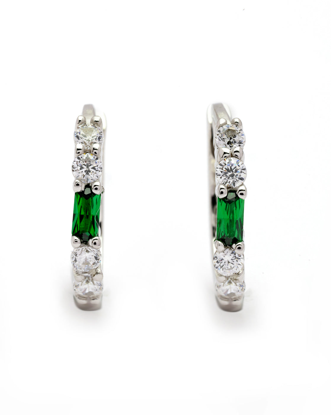 925 Sterling Silver Rhodium Plated Green CZ Hoop Earring