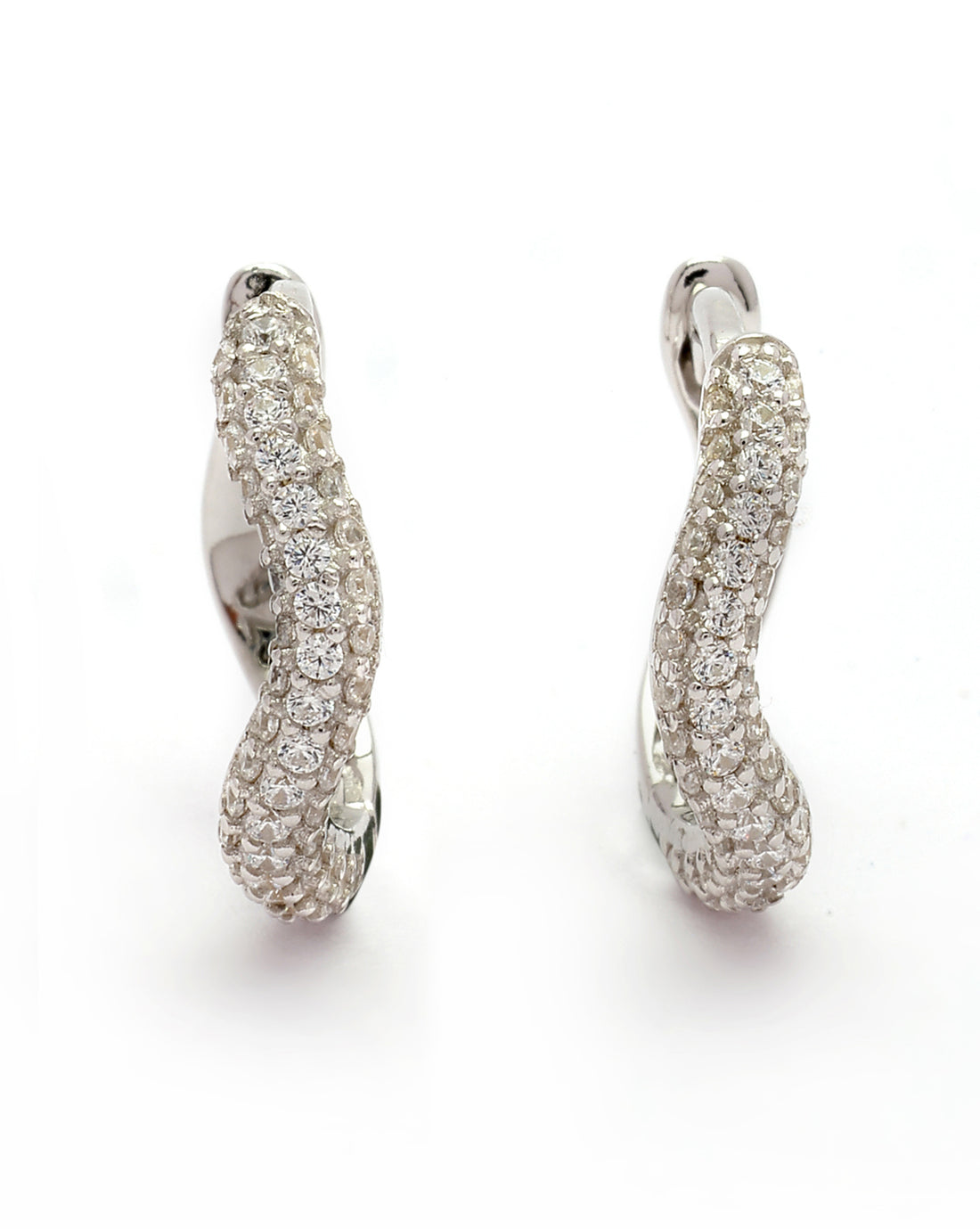 925 Sterling Silver Rhodium Plated CZ Sculpted Curve Hoop Earring