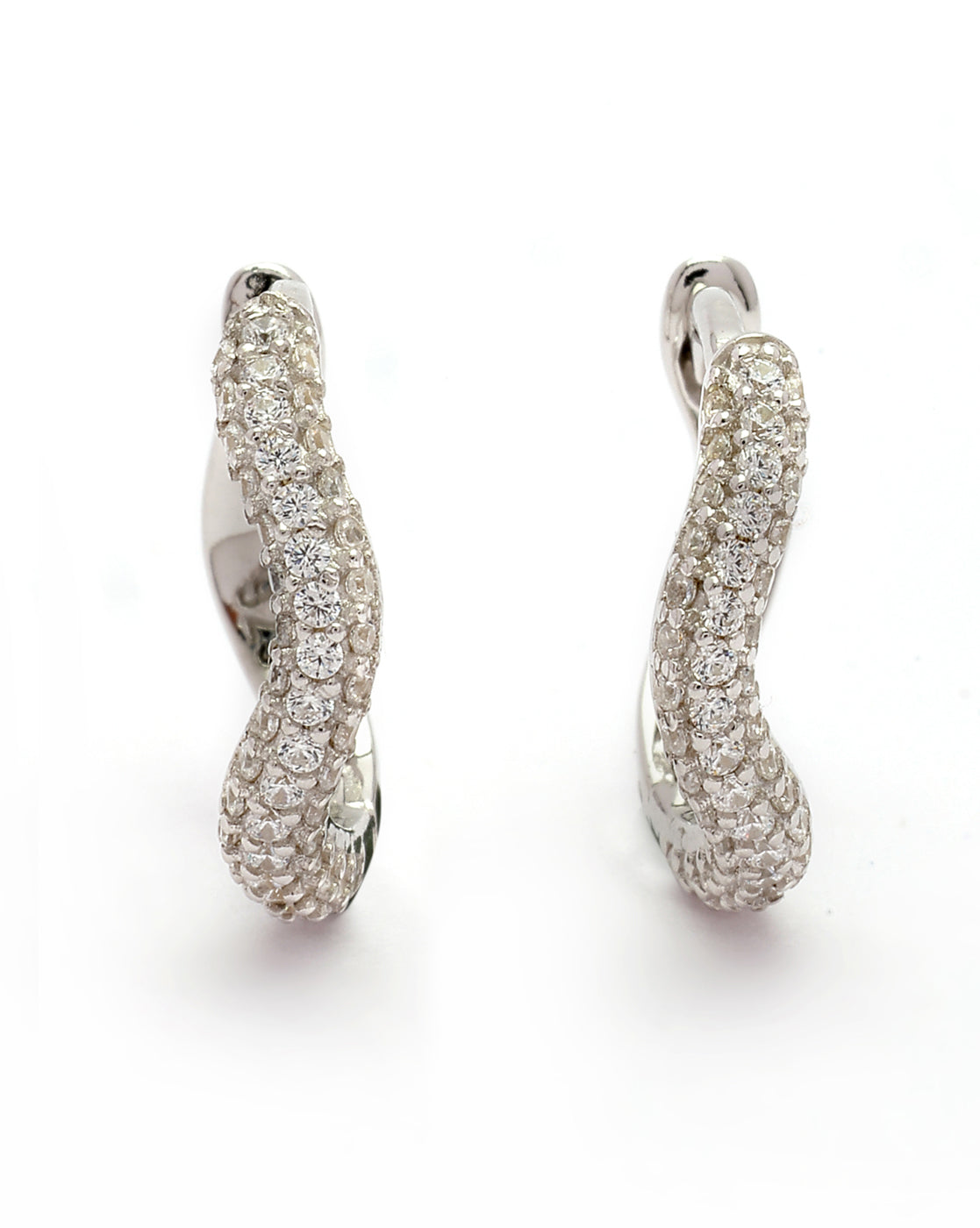 925 Sterling Silver Rhodium Plated CZ Sculpted Curve Hoop Earring