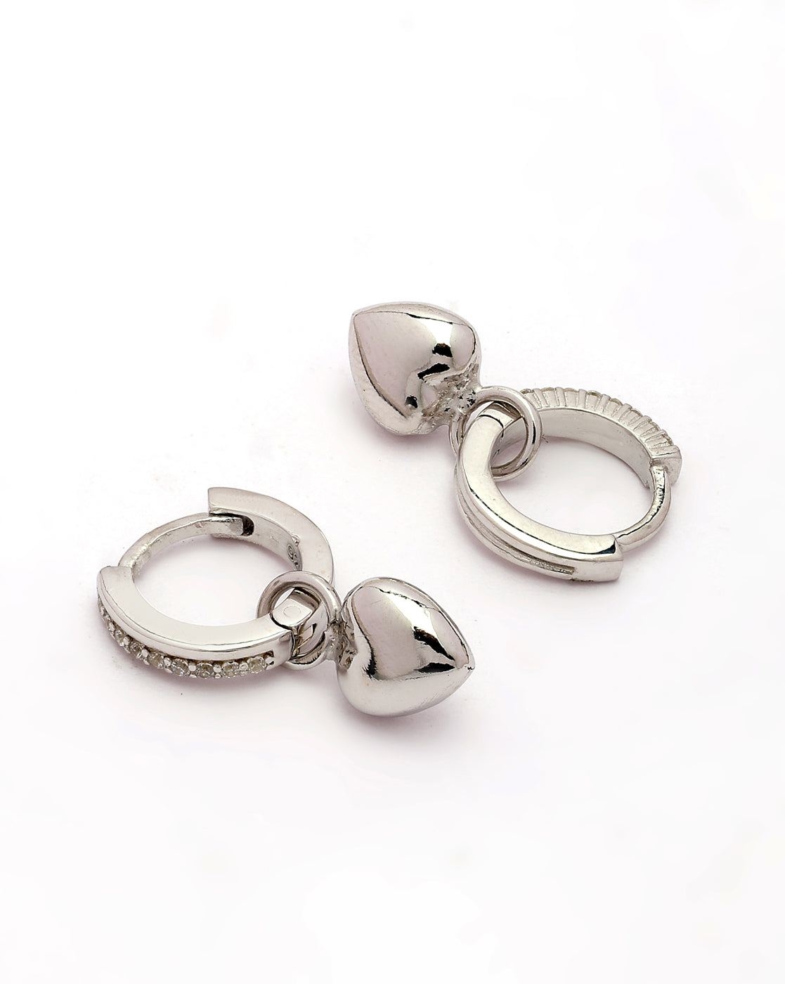 925 Sterling Silver Rhodium Plated CZ Dangling Heart Hoop Earring