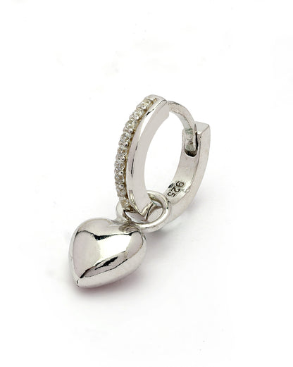 925 Sterling Silver Rhodium Plated CZ Dangling Heart Hoop Earring