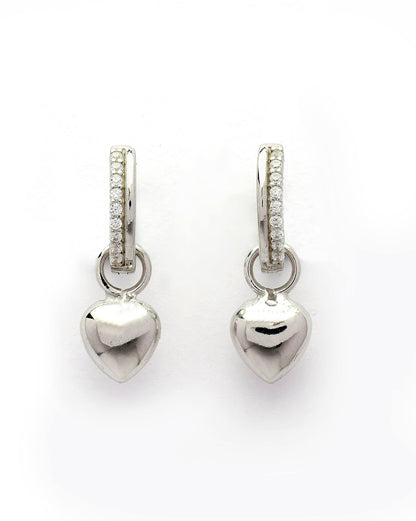 925 Sterling Silver Rhodium Plated CZ Dangling Heart Hoop Earring