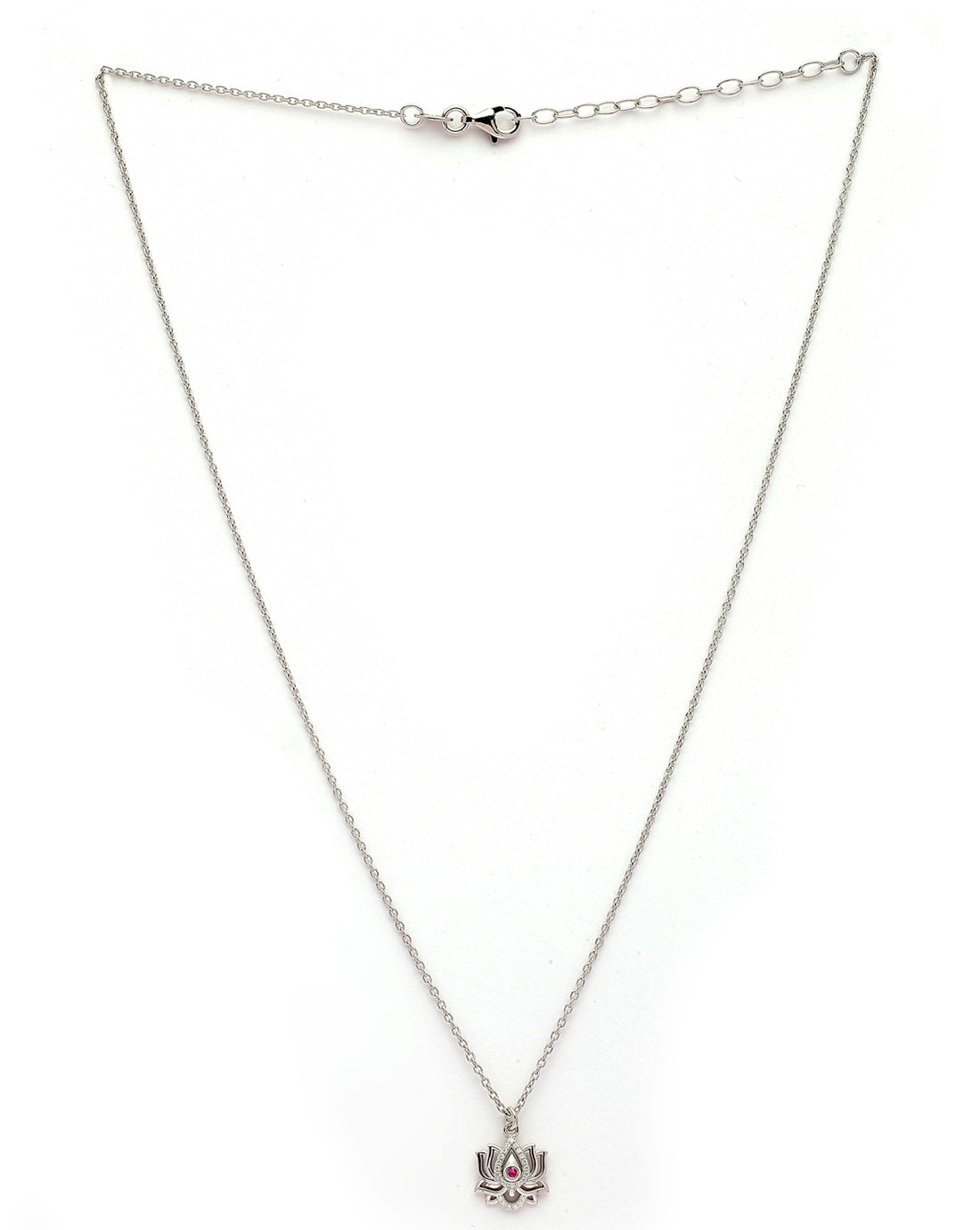925 Sterling Silver Rhodium Plated Red CZ Lotus Pendant and Chain