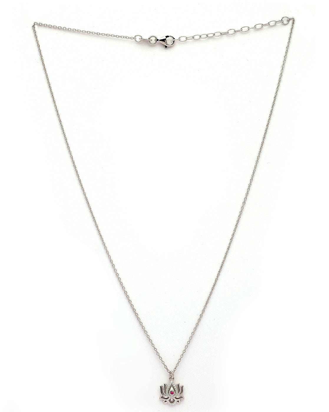 925 Sterling Silver Rhodium Plated Red CZ Lotus Pendant and Chain