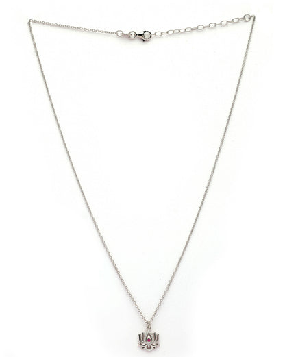 925 Sterling Silver Rhodium Plated Red CZ Lotus Pendant and Chain