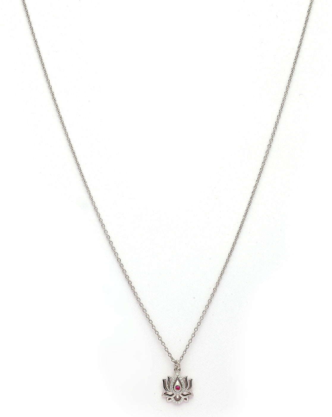 925 Sterling Silver Rhodium Plated Red CZ Lotus Pendant and Chain