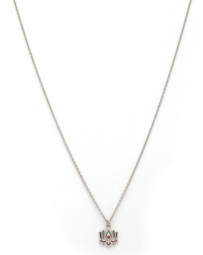 925 Sterling Silver Rhodium Plated Red CZ Lotus Pendant and Chain