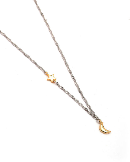 925 Sterling Silver Dual Toned Plated Moon and Star Charm Necklace