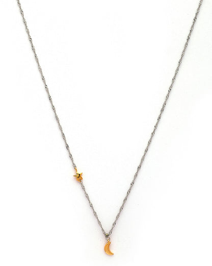 925 Sterling Silver Dual Toned Plated Moon and Star Charm Necklace