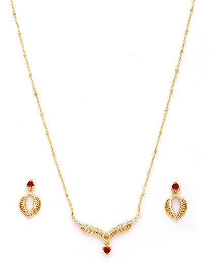 18kt Gold Plated Red CZ Heart Necklace and Earring Set