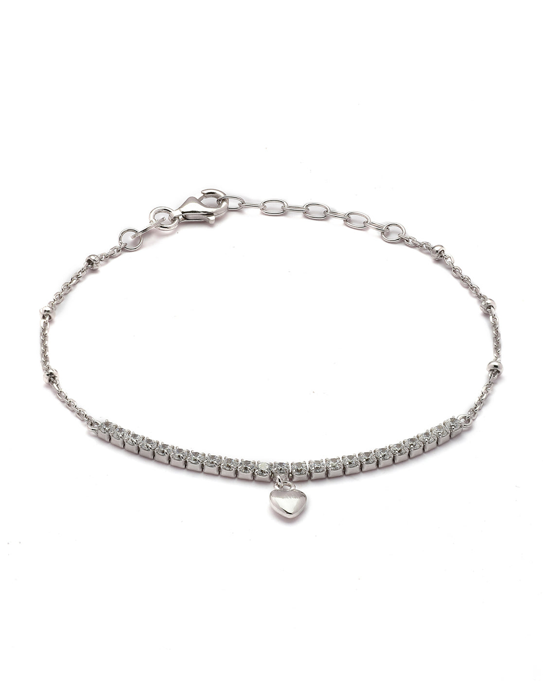 925 Sterling Silver Rhodium Plated CZ Heart Charm Bracelet