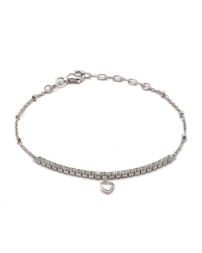 925 Sterling Silver Rhodium Plated CZ Heart Charm Bracelet