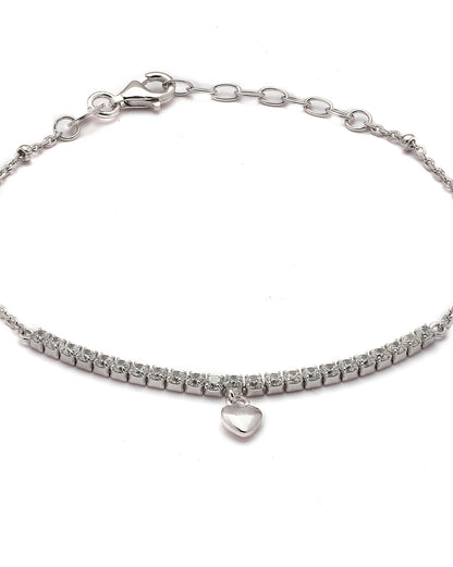 925 Sterling Silver Rhodium Plated CZ Heart Charm Bracelet