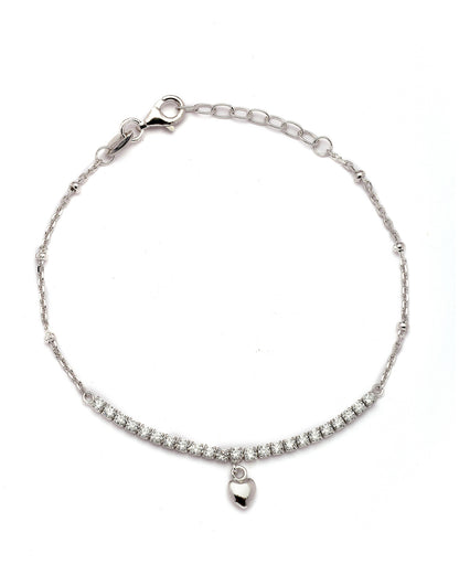 925 Sterling Silver Rhodium Plated CZ Heart Charm Bracelet