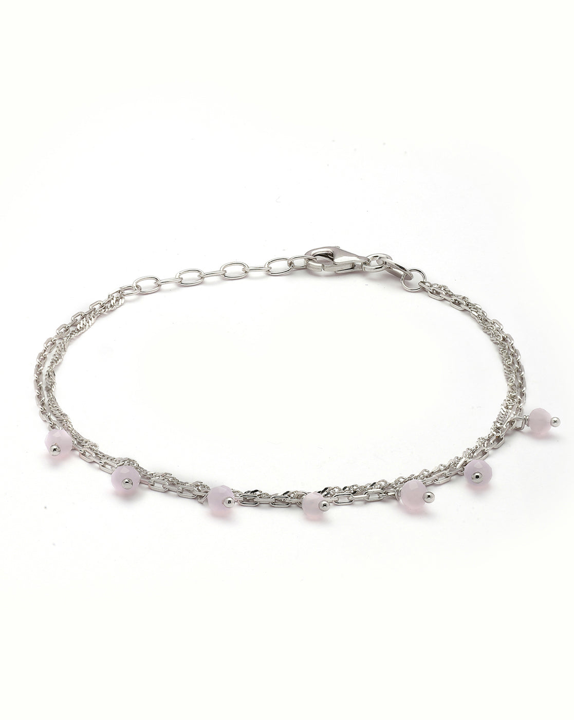 925 Sterling Silver Rhodium Plated Pink Glass Bead Double Chain Bracelet