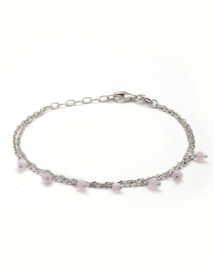 925 Sterling Silver Rhodium Plated Pink Glass Bead Double Chain Bracelet