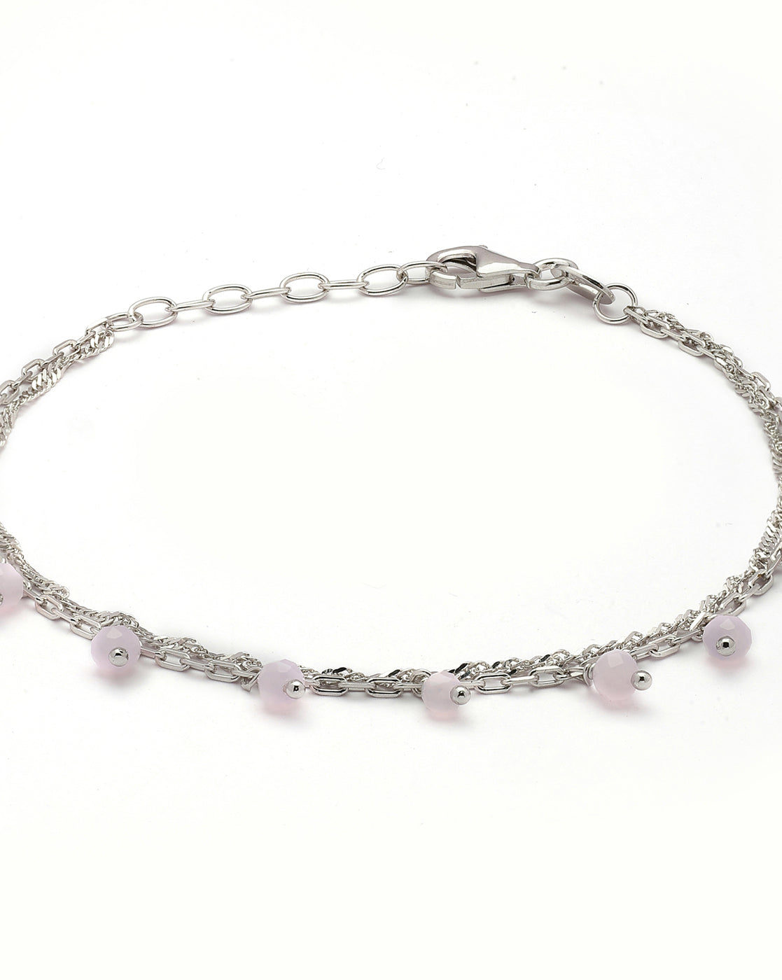 925 Sterling Silver Rhodium Plated Pink Glass Bead Double Chain Bracelet