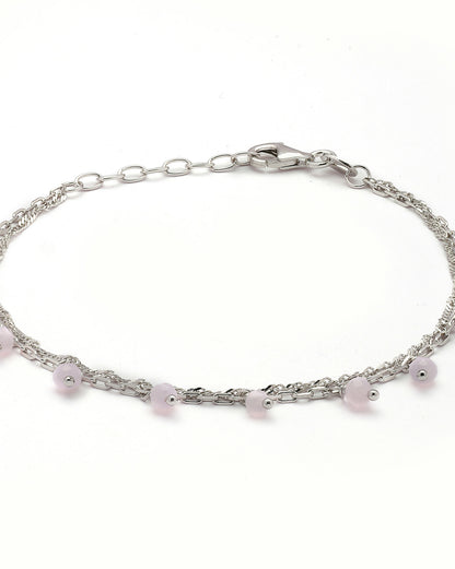 925 Sterling Silver Rhodium Plated Pink Glass Bead Double Chain Bracelet